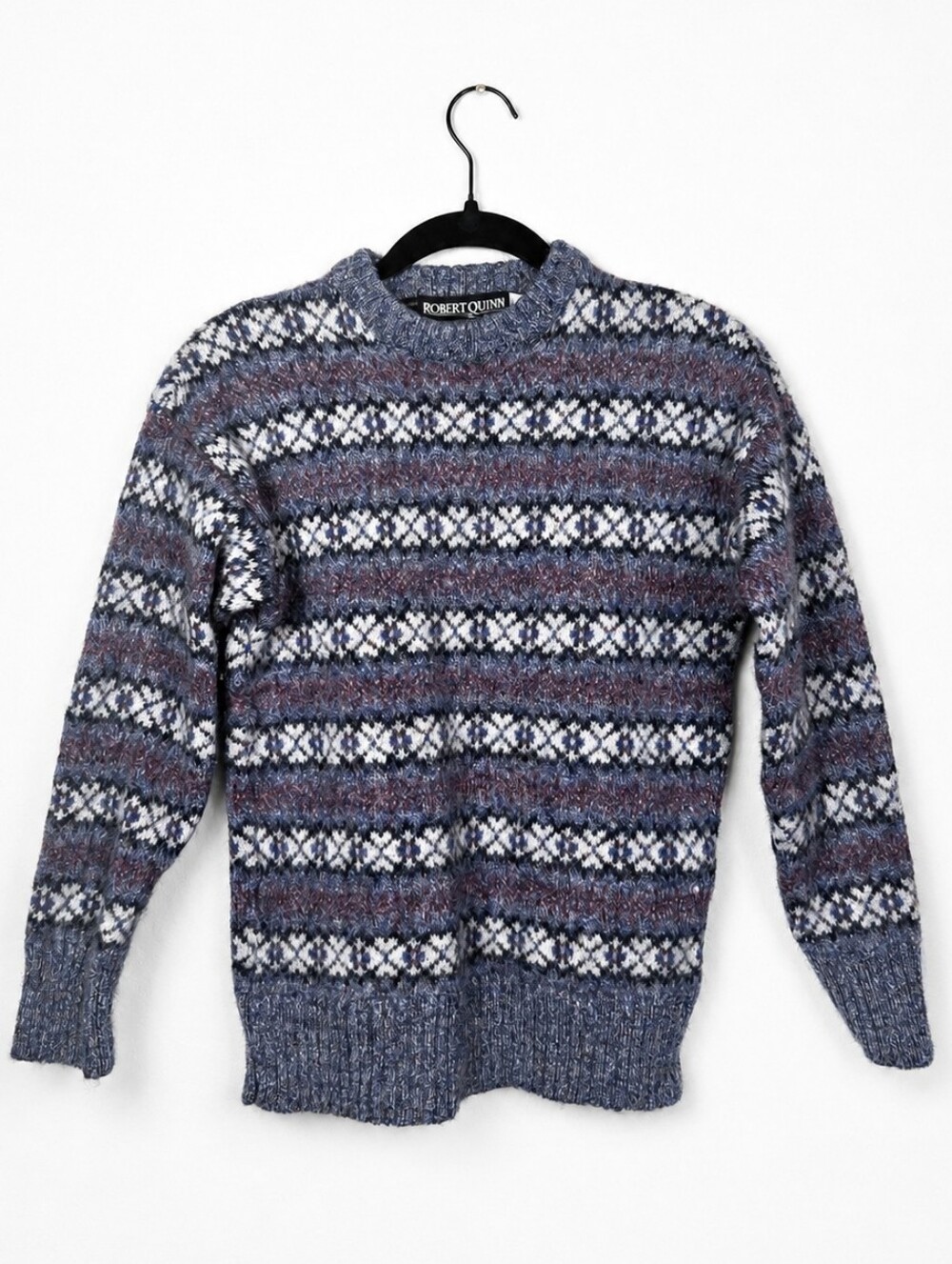 Vintage Robert Quinn Fair Isle Shetland Wool Angora Blue Sweater British Made M